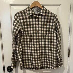 Duluth Trading Co Army Green and White Checkered Button-Down Shirt